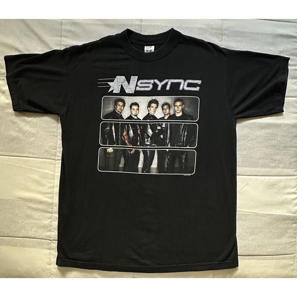 NSYNC Vintage 2001 Pop Odyssey Double -Sided Tour Shirt XL Black 90s Glitter
